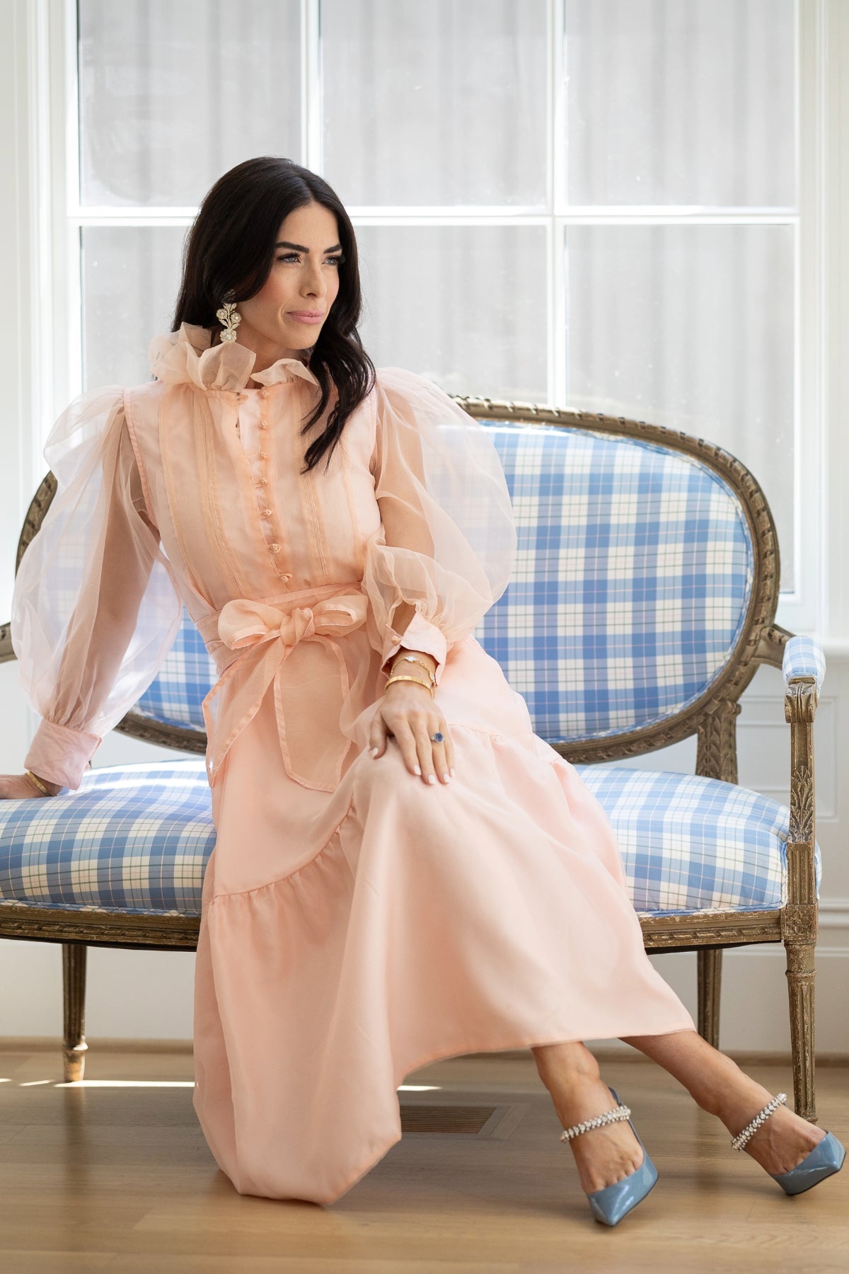 Shivani Awasty - Pink Silk Organza Sweetheart Neck Ruffled Gown For Women